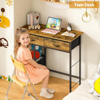 3IngSeagulls 33 Inch Small Computer Desk with Fabric Drawers, Home Office Desk with Storage Shelf, Compact Desks for Small Spaces, Teen Study Table for Bedroom, Rustic Brown