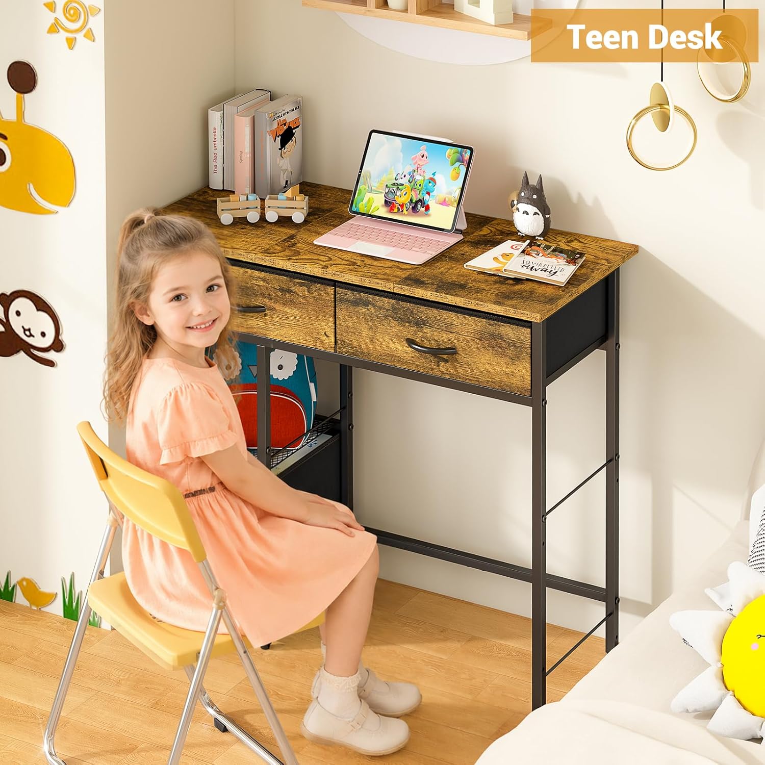 3IngSeagulls 33 Inch Small Computer Desk with Fabric Drawers, Home Office Desk with Storage Shelf, Compact Desks for Small Spaces, Teen Study Table for Bedroom, Rustic Brown