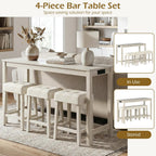 COSTWAY 4-Piece Breakfast Nook Bar Set with Built-in Charging Station, Counter Height Table with 3 Stools, Farmhouse Dining Room Table & Chairs with Wooden Frame & Cushioned Seat for Kitchen, Gray