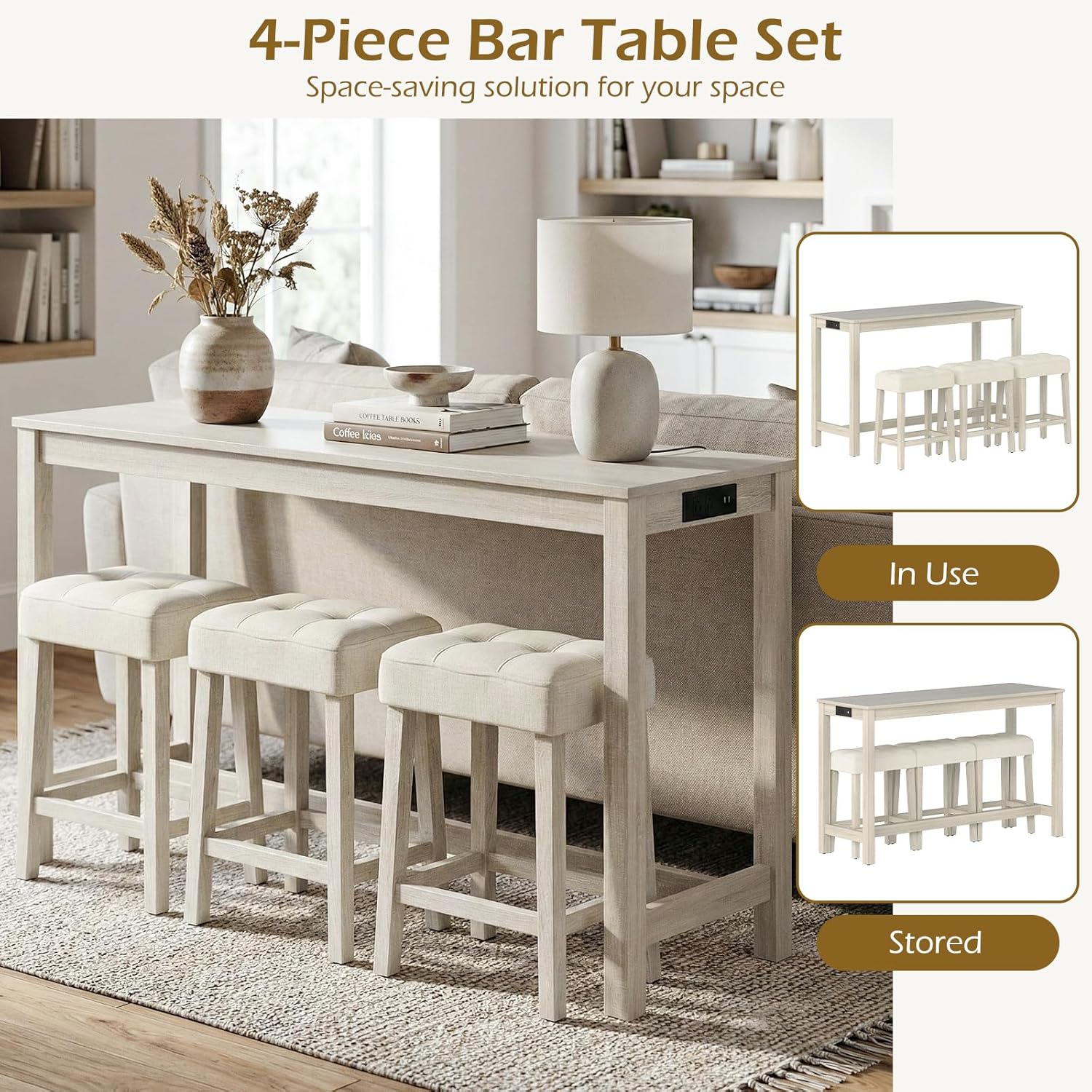 COSTWAY 4-Piece Breakfast Nook Bar Set with Built-in Charging Station, Counter Height Table with 3 Stools, Farmhouse Dining Room Table & Chairs with Wooden Frame & Cushioned Seat for Kitchen, Gray