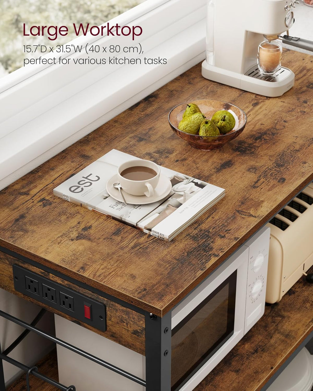 VASAGLE Kitchen Island with Power Strip, Microwave Oven Stand, Kitchen Shelf, Baker's Rack with 3 Open Shelves, 6 Hooks, Metal Frame, 15.7 x 31.5 x 35.4 Inches, Rustic Brown and Black UKKI102KD02S