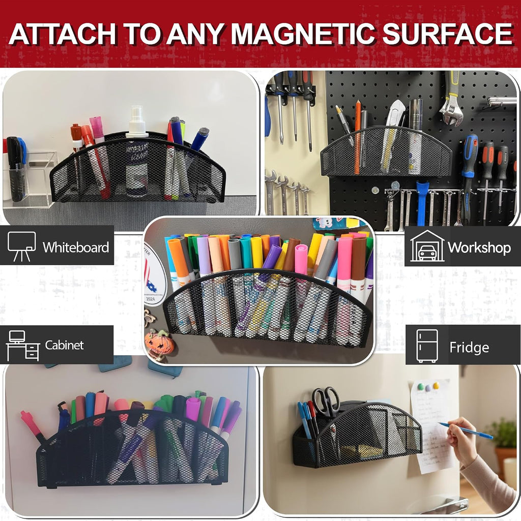 Magnetic Dry Erase Marker Holder for Whiteboard, 5 Slots Metal Pen Holder with Strong Magnets, 10inch Large Capacity Storage Basket Organizer for Office, School and Home (Black)