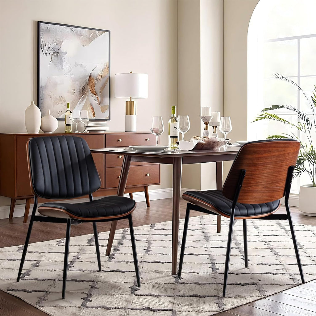 Dining Chairs Set of 6, Upholstered Mid-Century Modern Dining Room and Kitchen Chairs with Walnut Backrest,Retro Accent PU Leather Side Chairs with Metal Legs,Dark Black