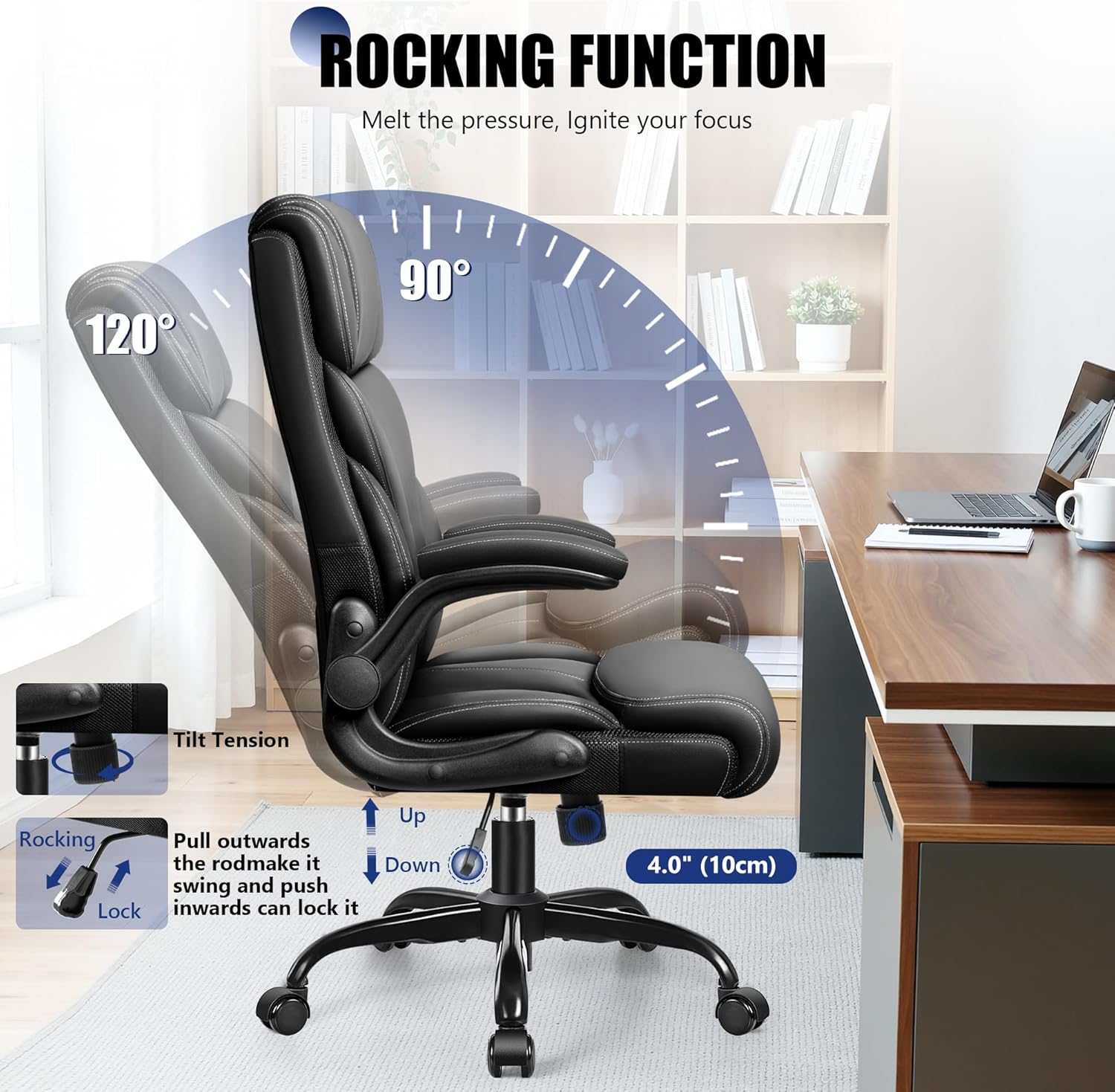 Primy Office Chair, Ergonomic Leather Desk Chair with Flip-up Armrests, Big and Tall High Back Executive Computer & Gaming Chair with Footrest, Comfy Padded, Rocking Function and Lumbar Support(Black)