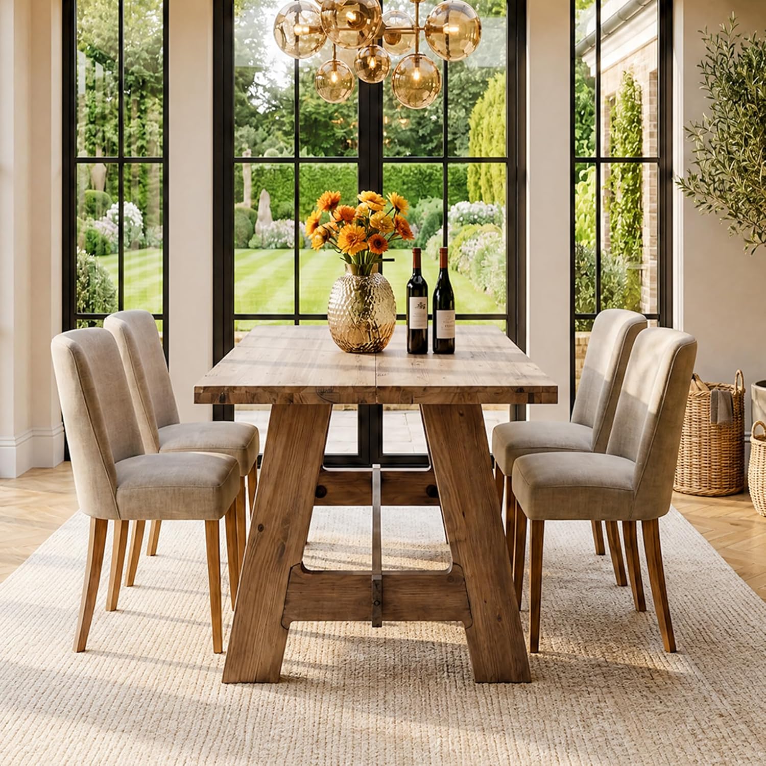 63-Inch Farmhouse Dining Table for 4-6, Natural Solid Wood Rectangle Kitchen Table, Rustic Wooden Dinner Furniture with Sturdy Trestle Base for Dining Room, Kitchen