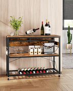 CHOEZON Kitchen Island with Power Outlet and Folding Top, Movable with 3-Tier Storage, Large Size, Wooden Shelves and Wine Rack, for Kitchen, Dining and Living Room, Rustic Brown and Black TZD02UBF