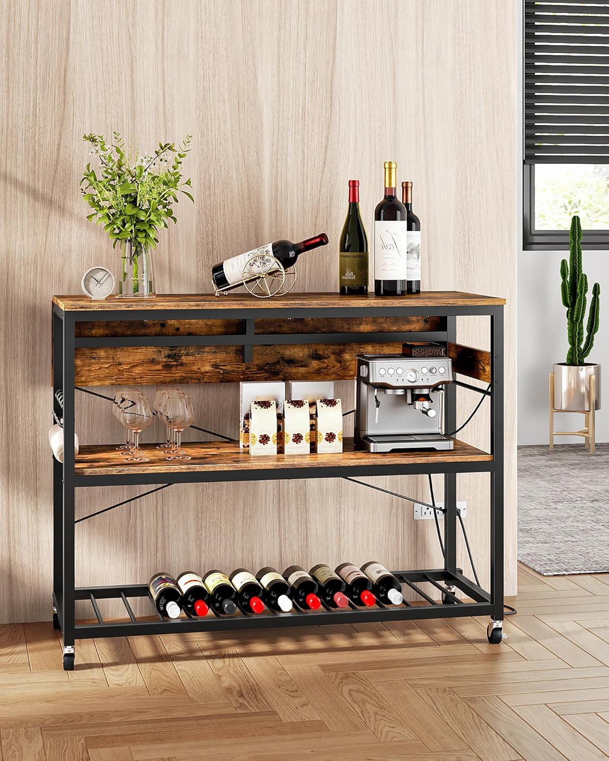CHOEZON Kitchen Island with Power Outlet and Folding Top, Movable with 3-Tier Storage, Large Size, Wooden Shelves and Wine Rack, for Kitchen, Dining and Living Room, Rustic Brown and Black TZD02UBF