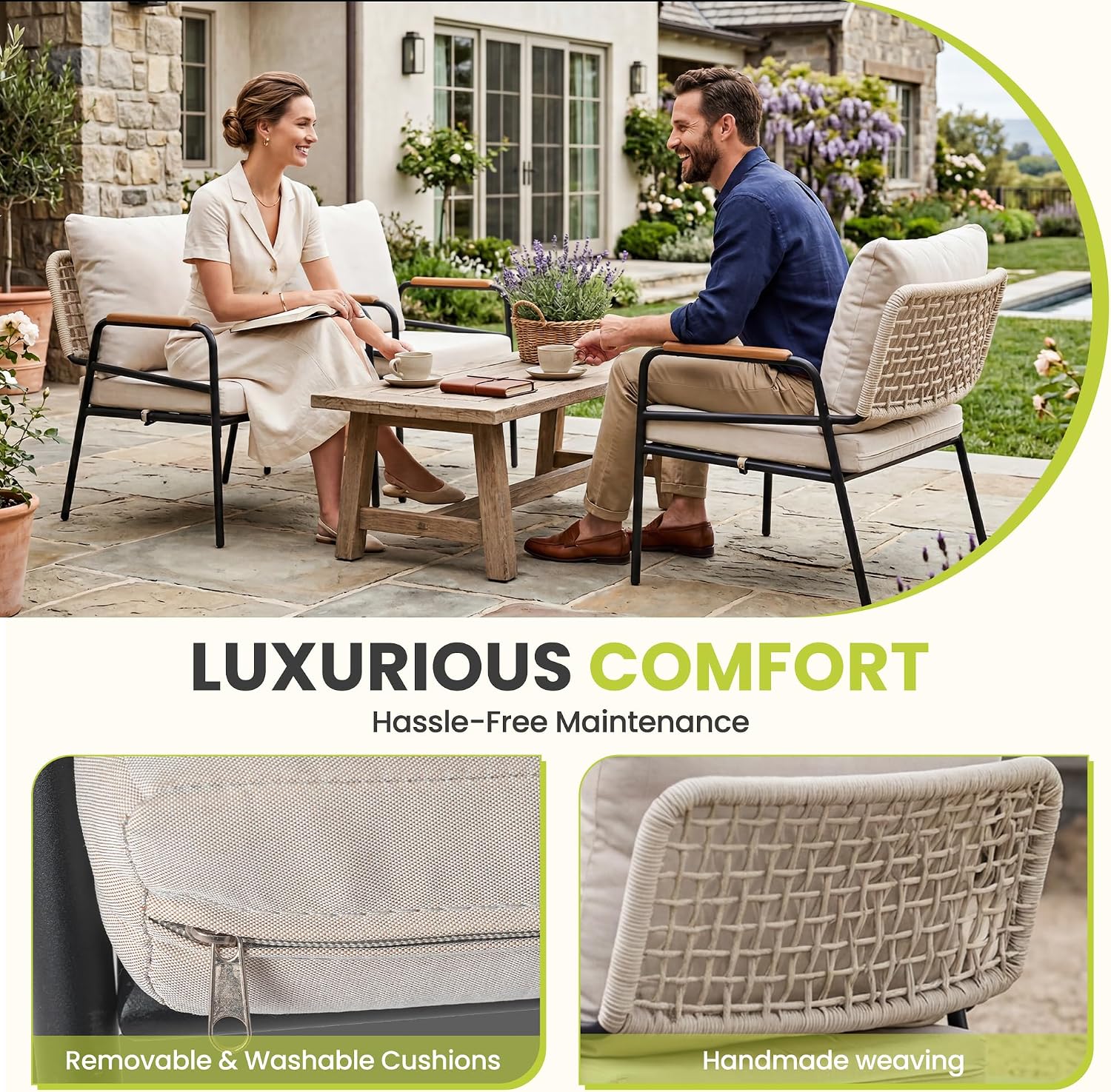 Modern Outdoor Lounge Chairs Set of 2, All-Weather Patio Accent Chairs with Thick Cushions & Durable Metal Frame for Backyard Seating, Balcony, Garden & Outdoor Living, Beige