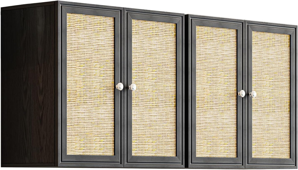 Laundry Room Cabinets with Lights, 24INCH Bathroom Cabinets Wall Mounted with Adjustable Shelves, Rattan Wall Cabinet for Bedroom, Kitchen, Bathroom (2PCS, Black)