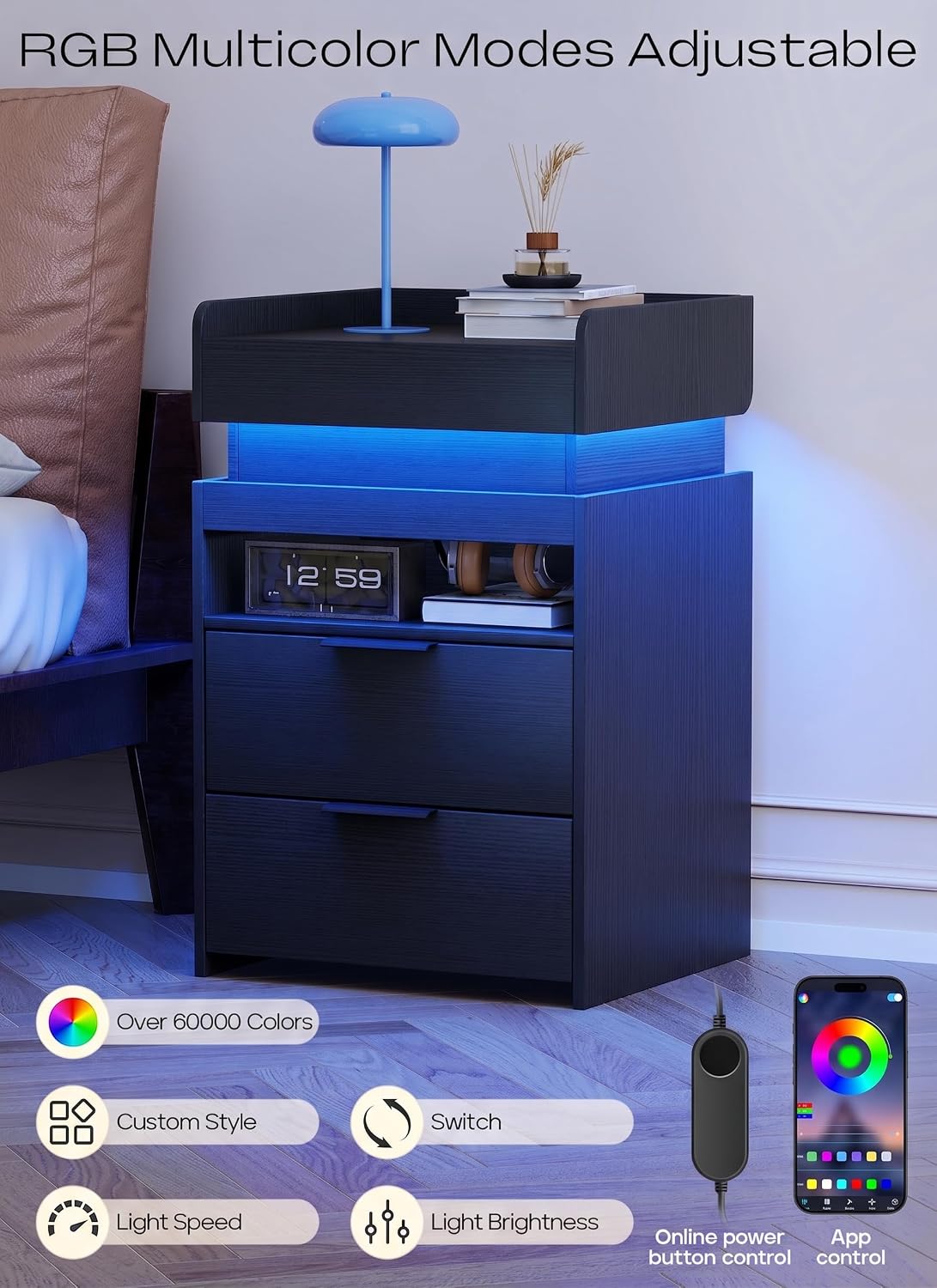 Turosur Black Nightstands Set of 2 with Charging Station and LED Lights, Modern Beside Table with USB and Type-C Port for Bedroom