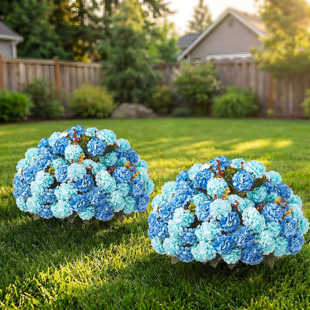 Suncalla 2 Set Turquoise Blue Artificial Topiary Ball Trees with Hydrangea Flower, 19.7" UV Resistant Outdoor Artificial Plants with Ground Spike for Planter Front Door Home Indoor Porch Patio Decor