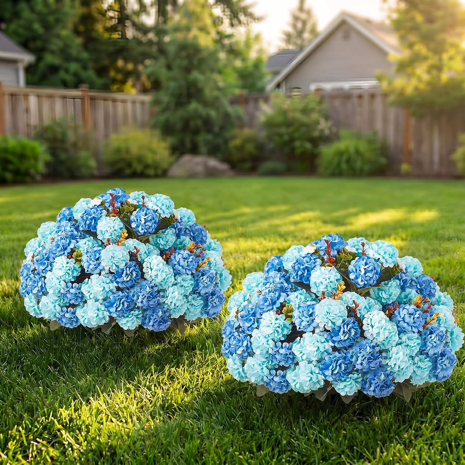 Suncalla 2 Set Turquoise Blue Artificial Topiary Ball Trees with Hydrangea Flower, 19.7" UV Resistant Outdoor Artificial Plants with Ground Spike for Planter Front Door Home Indoor Porch Patio Decor