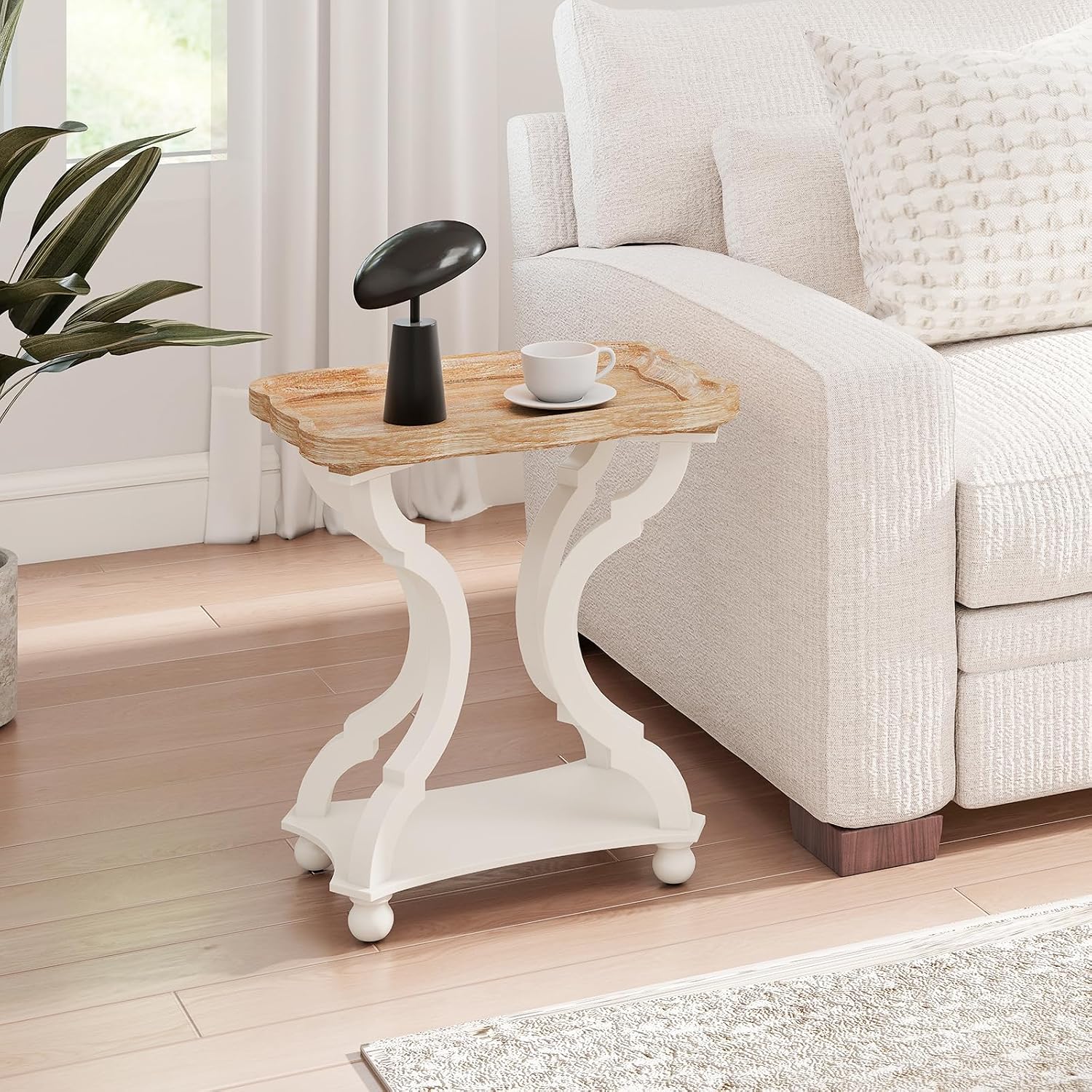 Farmhouse End Table, 24" H Rustic Side Table with Storage Shelf, French Country Distressed End Table for Living Room Bedroom, Cream White