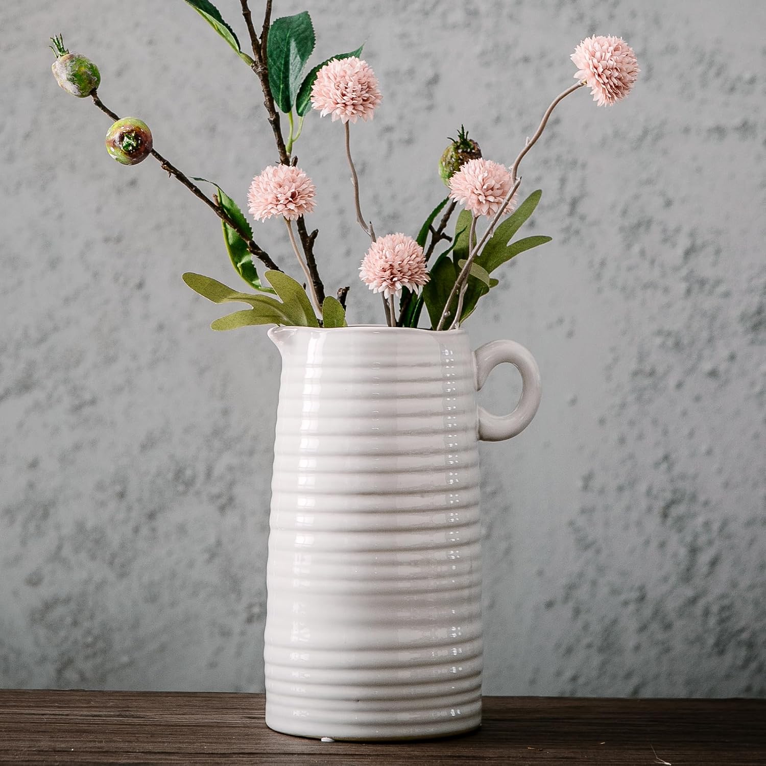Kimdio White Ceramic Vase with Handle, Modern Farmhouse Pitcher Vases for Home Decor, Rustic Texture Pottery Vase, Decorative Flower Vase, Clay Vase, Centerpieces for for Living Room