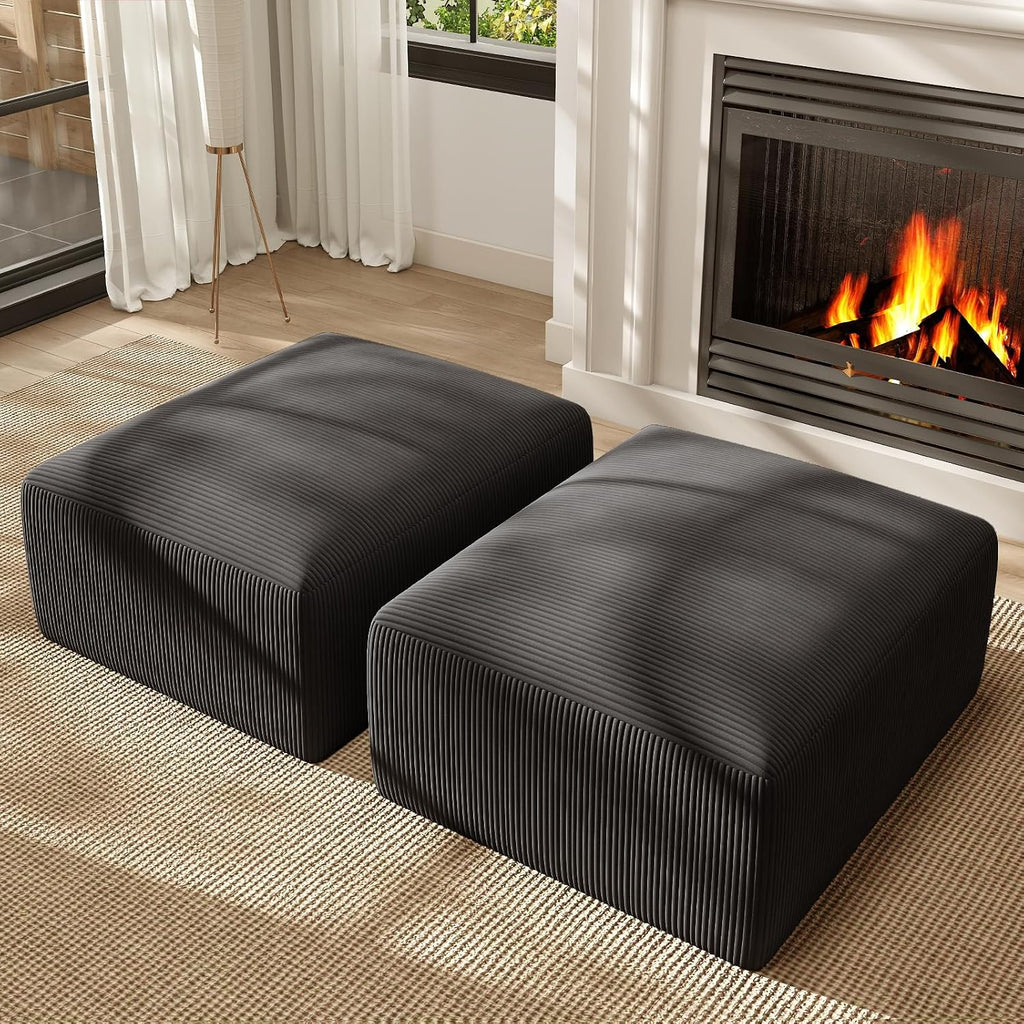 2 Square Cloud Footstool for Living Room, No Assembly Modular Corduroy Convertible Seat, Modern Boneless Style Sofa Accessory for Lounge or Bedroom