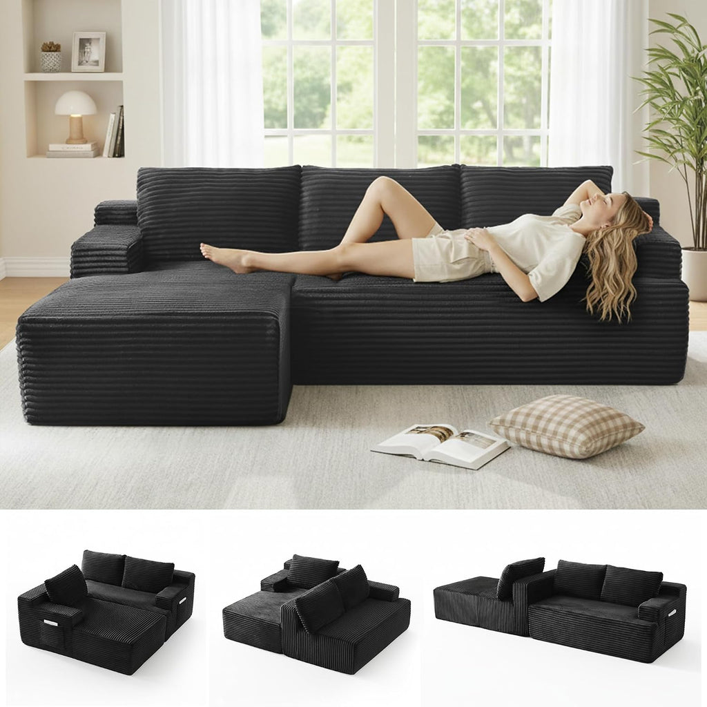 Modular Sectional Sofa Couches, 96" L-Shaped Cloud Boneless Couch with Left Chaise Lounge & Side Pockets for Living Room | No Assembly Required | Corduroy Fabric, Black
