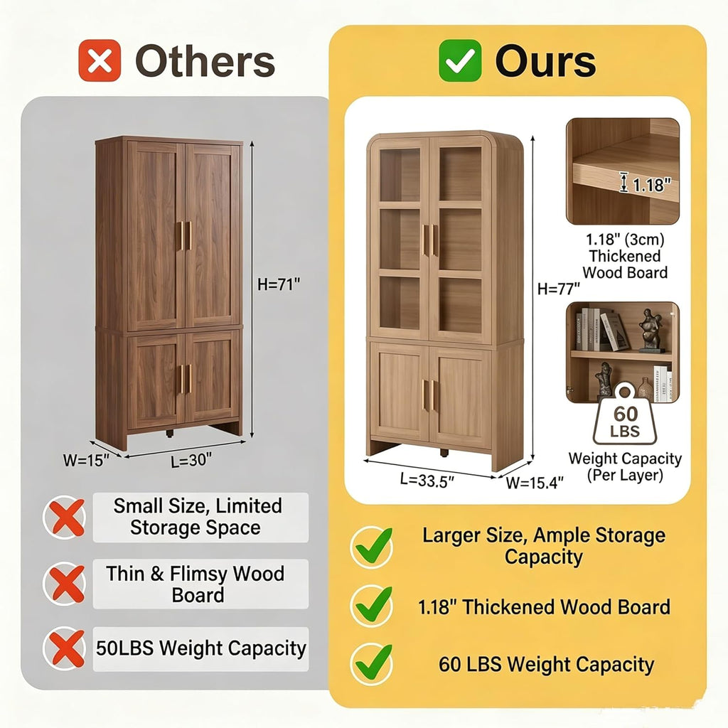 77" Tall Kitchen Pantry Cabinets, Wooden Curved Storage Cabinets with Adjustable Shelf, 1.18'' Panel Freestanding Cupboard for Dining Room, Living Room, Bathroom, Oak, 1Pcs