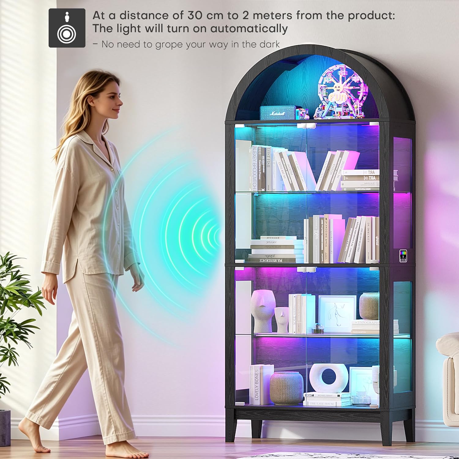 WOOVIVS Glass Display Cabinet with RGB Lights, 69" Tall Curio Cabinet with Rebound Tempered Glass Door, 5-Tier Adjustable Display Case for Living Room (Black)