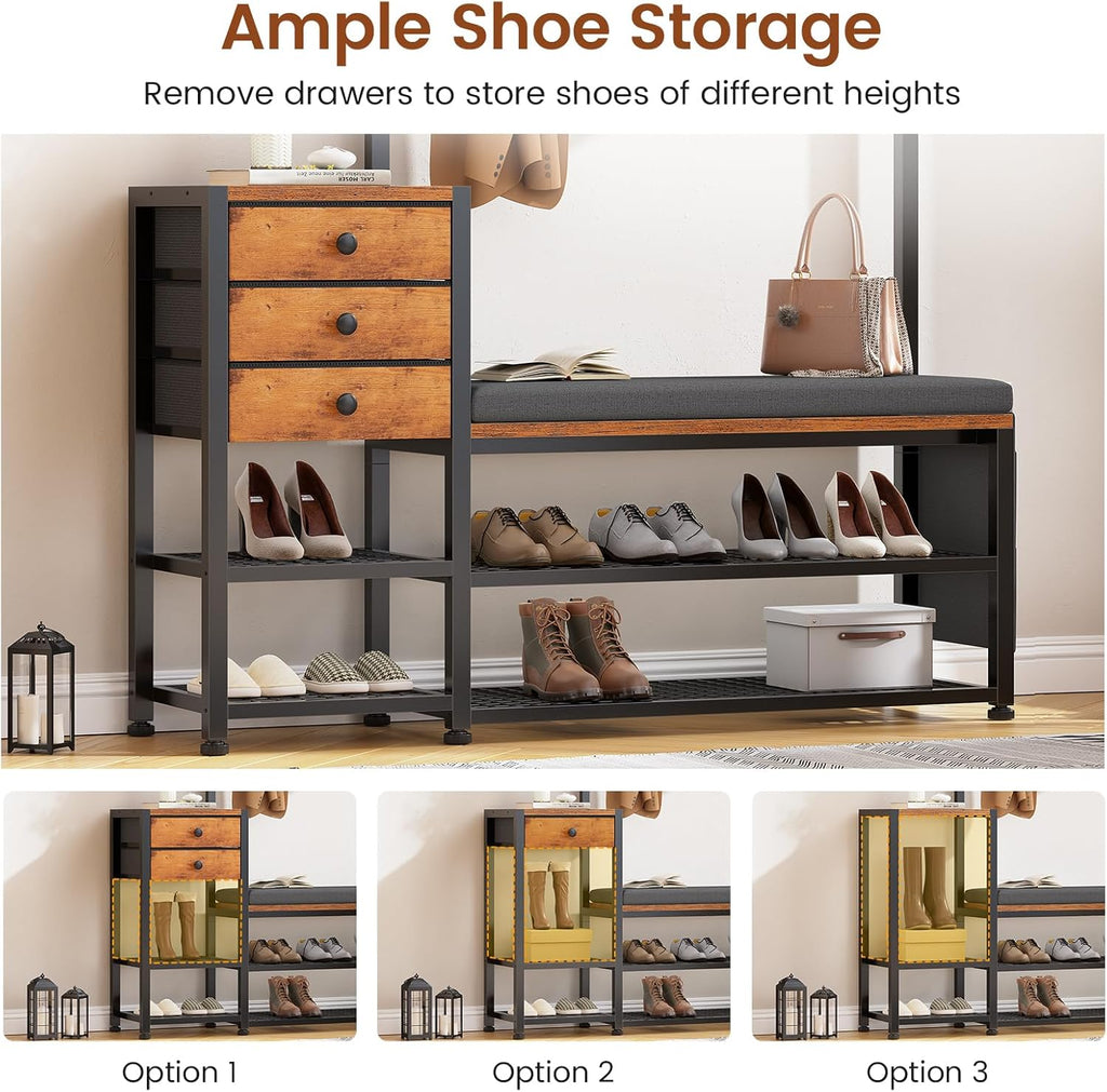 Entryway Hall Tree with Bench, Shoe Storage, Soft Cushion, 3 Fabric Drawers and Storage Bag, 7-in-1 Coat Rack for Hallway, Rustic Brown