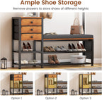 Entryway Hall Tree with Bench, Shoe Storage, Soft Cushion, 3 Fabric Drawers and Storage Bag, 7-in-1 Coat Rack for Hallway, Rustic Brown