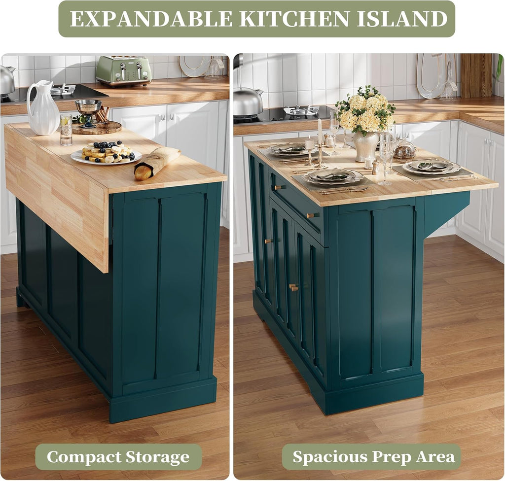HLR Kitchen Island Cart with Storage, Carved Doors Modern Rolling Islands with Drop Leaf, Sideboard Buffet Cabinet on Wheels, Prep Table for Kitchen, Dining Room (Green)