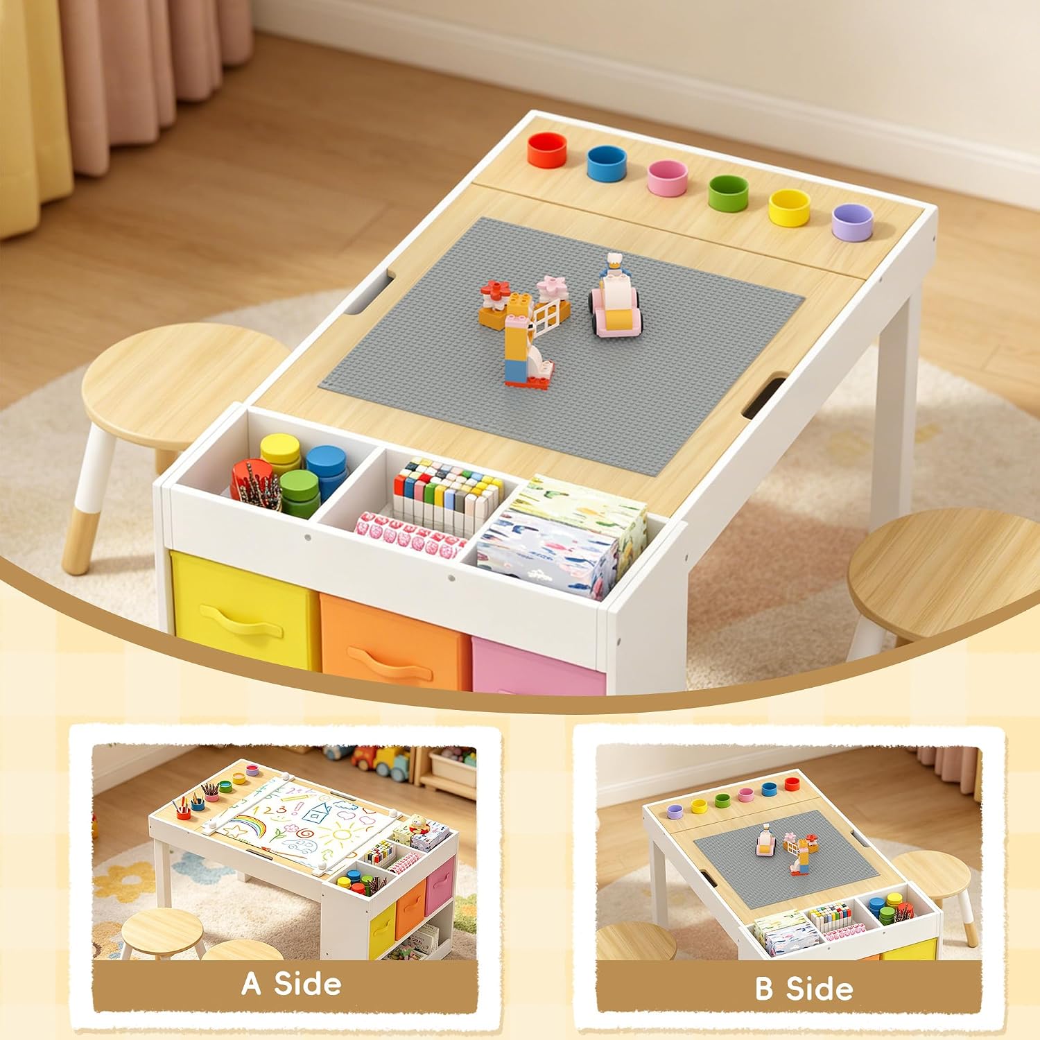 Kids Art Table and Chairs Set with Storage, Wooden Craft Desk with 2 Stools, Child Drawing Table with Open Shelves, Paint Cups, Paper Roll, Bins, Toddler Play Table, 39" L x23 W