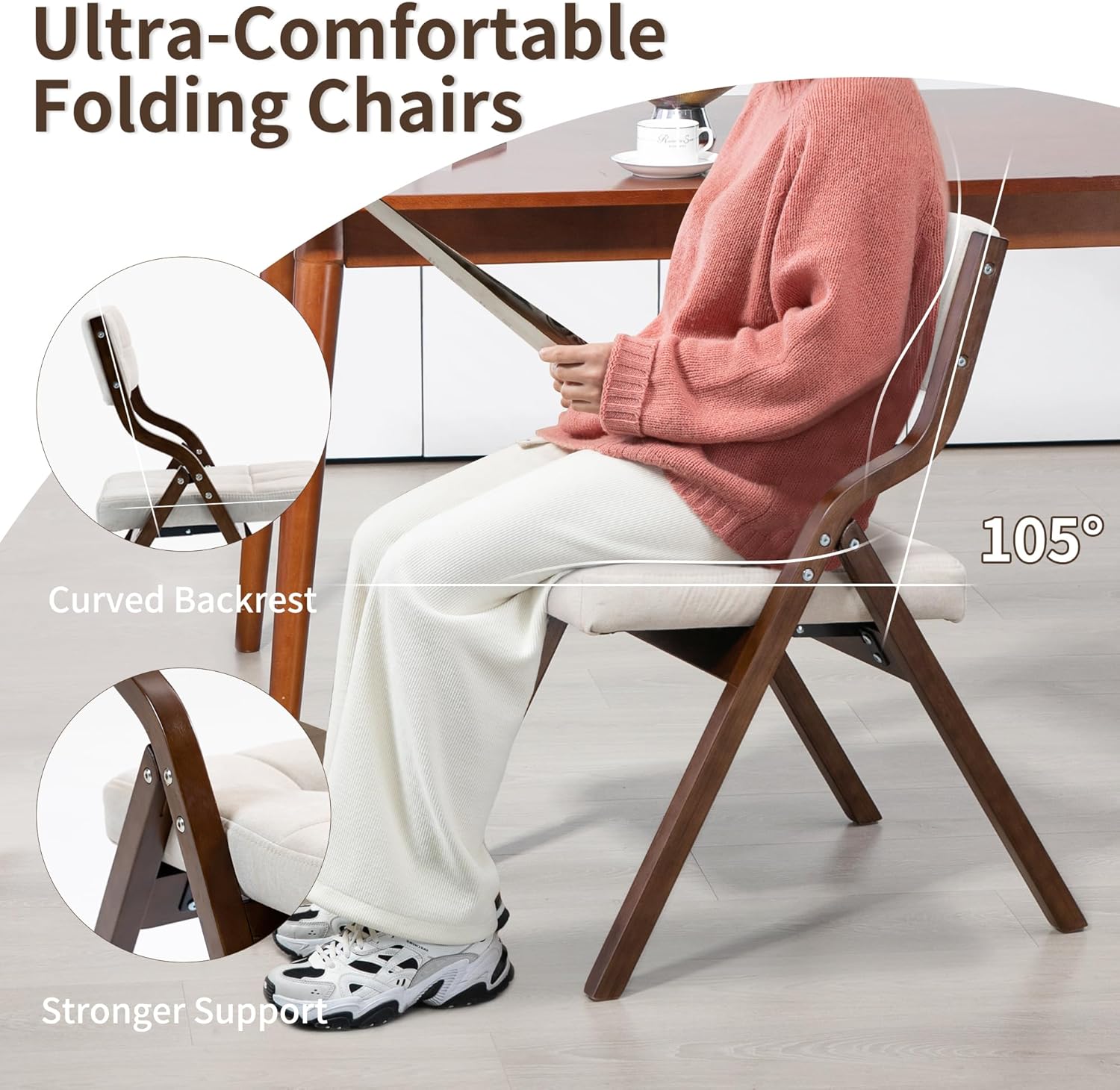 HOMEFUN Folding Chairs with Cushion, Wooden Padded Foldable Chair 2 Pack, Portable and Assembled Seat for Guests Kitchen Office Wedding and Party, Camel