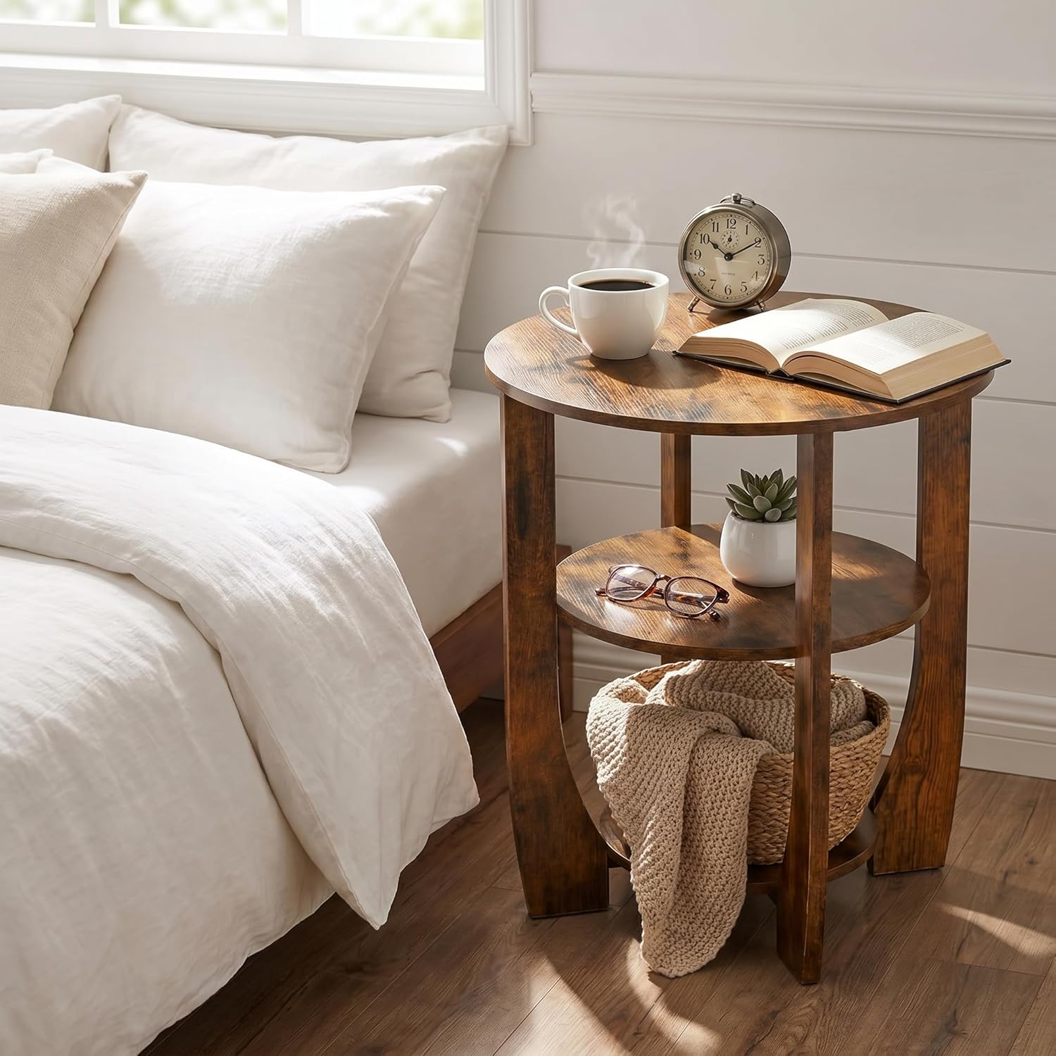 Round Side Table, 3-Tier End Table with Storage, 19.7 inch Rustic Brown Accent Table,Nightstand for Bedroom Living Room, Vintage Design for Couch, Sofa, Recliner, Small Space