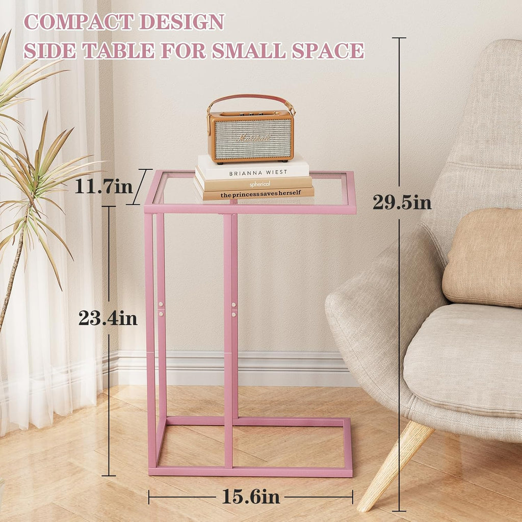 C Shaped End Table Set of 2, Small Side Couch Sofa Tables for Living Room,Glass Tv Tray Snack Dinner Table with Metal Frame, Easy Assembly (Pink)