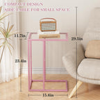 C Shaped End Table Set of 2, Small Side Couch Sofa Tables for Living Room,Glass Tv Tray Snack Dinner Table with Metal Frame, Easy Assembly (Pink)