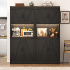 72" Tall Farmhouse Kitchen Pantry Cabinet with LED Light and Power Outlet,Modern Farmhouse Kitchen Storage Cabinet w Load-Bearing Steel Pipe,Barn Doors, Organizer,Food Pantry Cabinets(Black)