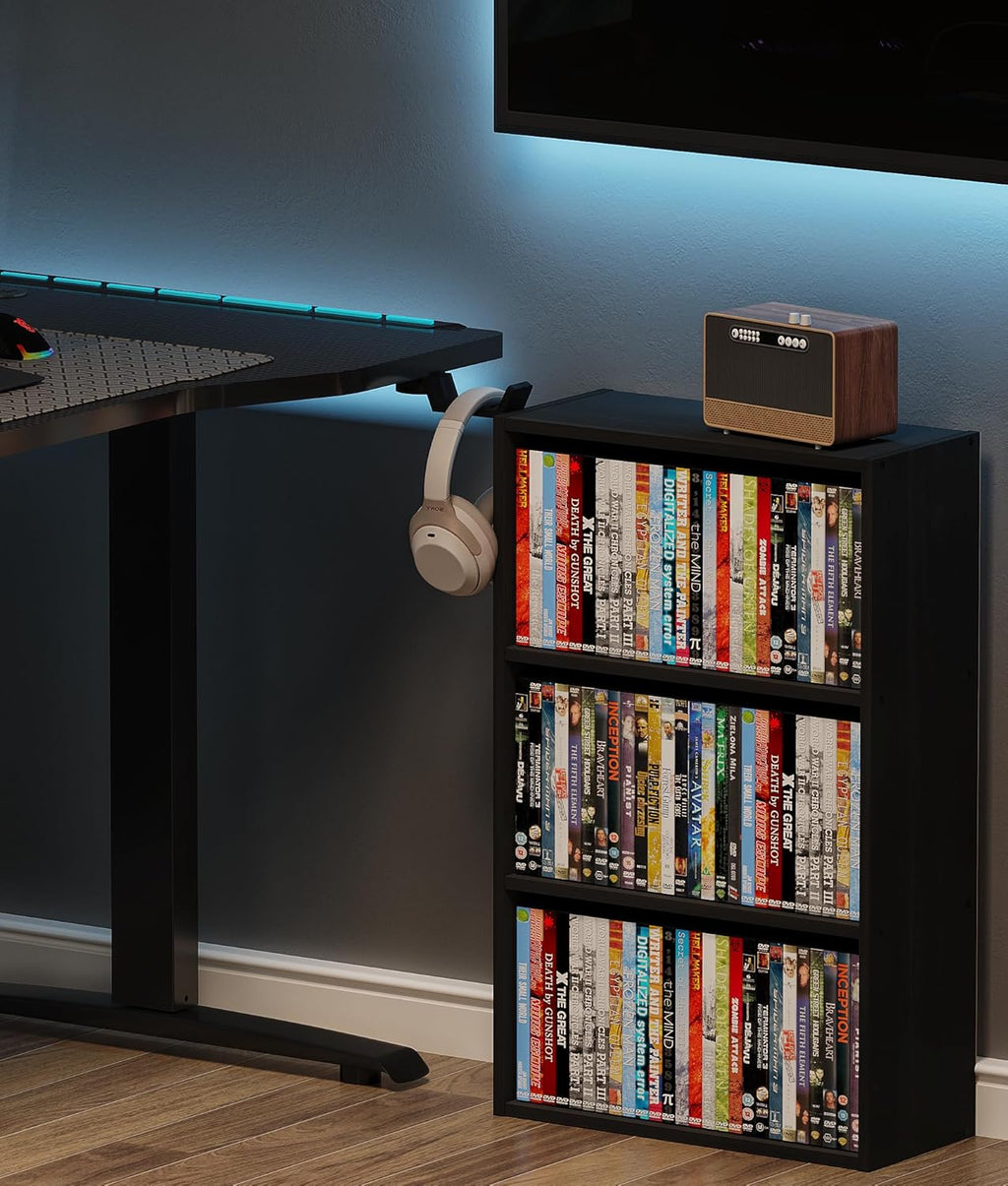 DVD Storage Cabinet Shelf, 3 Tier Media Storage Tower for CDs & Video Games, Freestanding Organizer Shelf for Living Room Home Office, Holds 80+ DVDs(Black)
