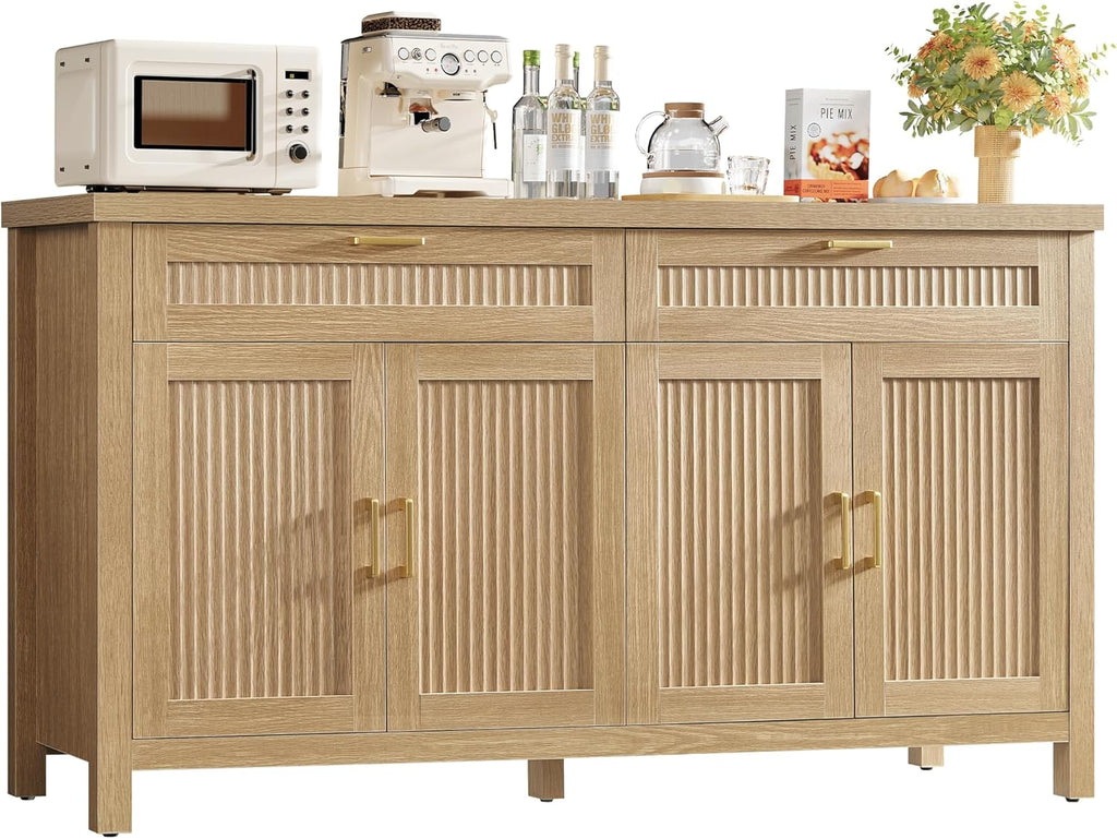usikey Buffet Cabinet with Storage, 63” W Fluted Sideboard Cabinet with 2 Drawers & Adjustable Shelves, Coffee Bar with 4 Doors, Natural