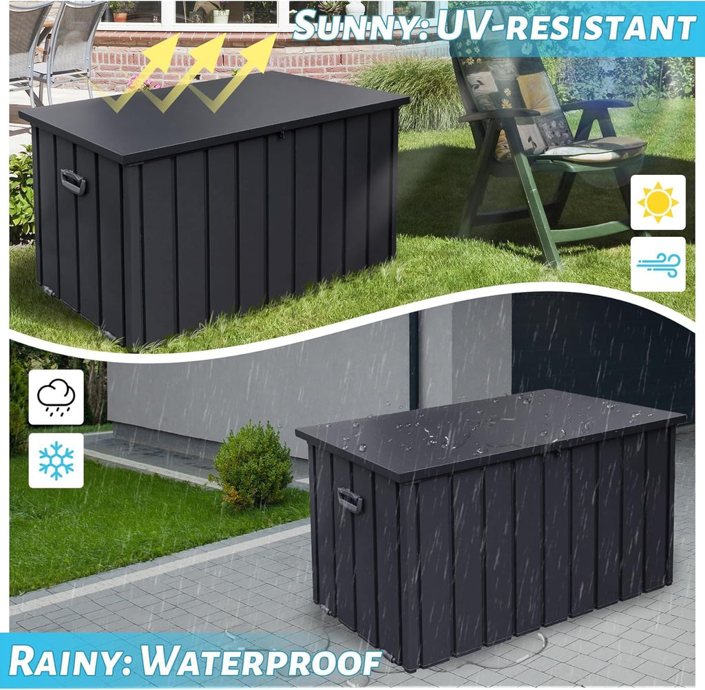 Galvanized Steel Outdoor Storage Box Lockable Bench with Hydraulic Lid Wheels for Patio Backyard Pool Cushions Tools Package Storage (Dark Brown)