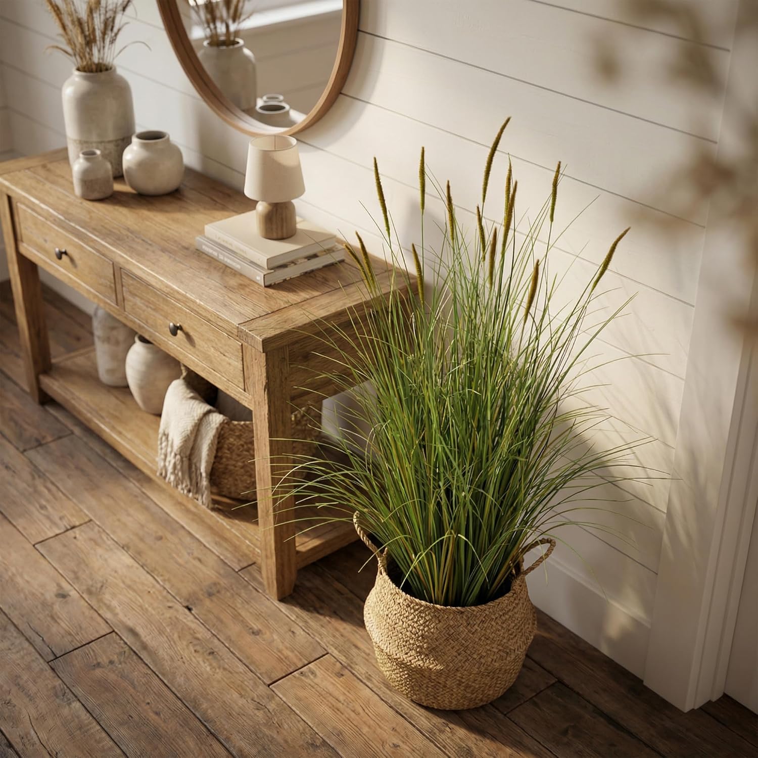 Worth Garden 3ft Artificial Cattail Grass 2 Pack, 35in Faux Reed Plants in Pot, Fake Onion Grass Floor Plants for Indoor Outdoor Home Office Patio Decor, Realistic Greenery Housewarming Gift