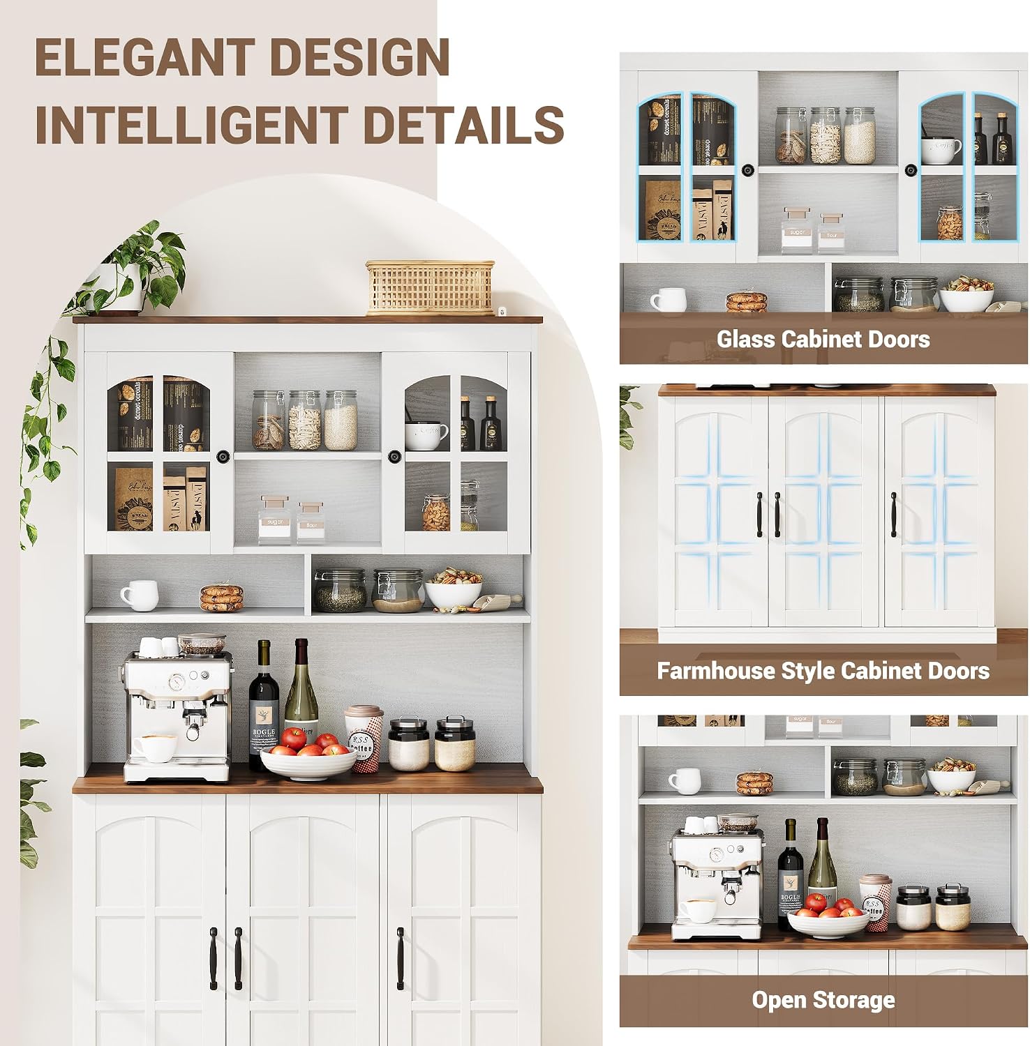 IDEALHOUSE Pantry Cabinet, 70.9 Inch Kitchen Cabinet with Glass Doors, Tall Kitchen Pantry Storage Cabinet with Hutch