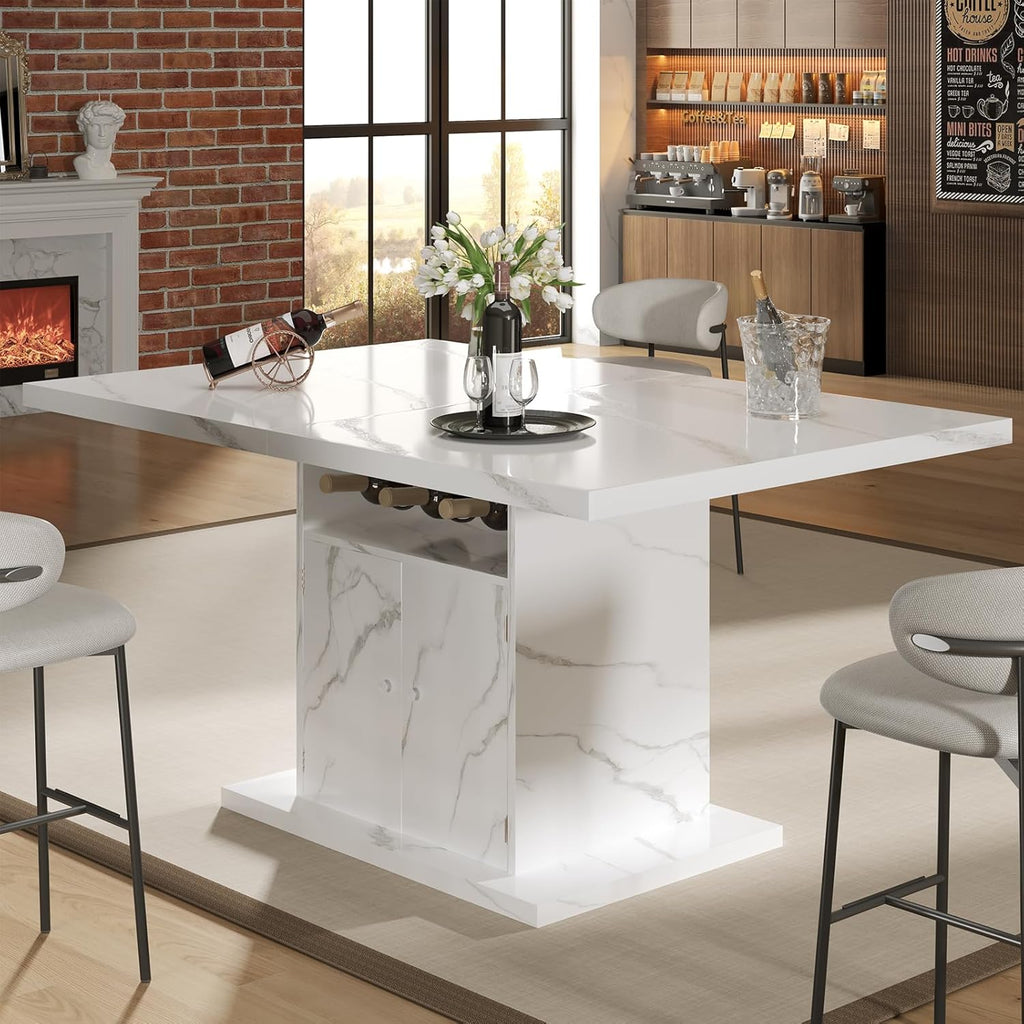 Extendable Dining Table for 4-6, 47-63 Inch Rectangle Kitchen Dining Table with Storage, Expandable Modern Rectangle Dinner Table with Faux Marble Top for Kitchen, Dining Room, White Faux Marble