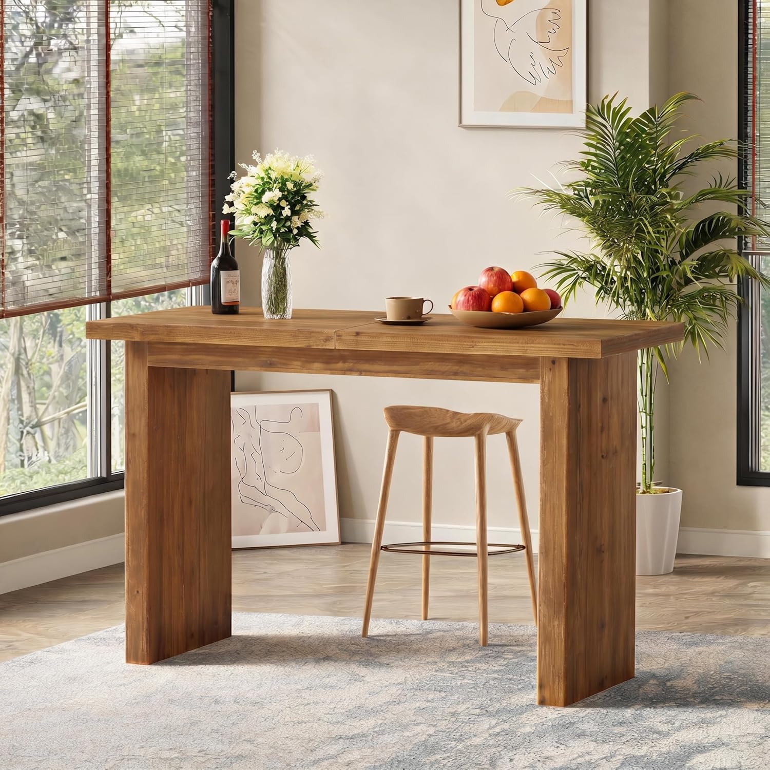 Tribesigns 63" Solid Wood Bar Table, Long Counter Height Pub Table, Rectangular High Top Tables for Dining, Kitchen, Living Room, Entryway, Small Space, Easy to Assemble, Rustic Brown