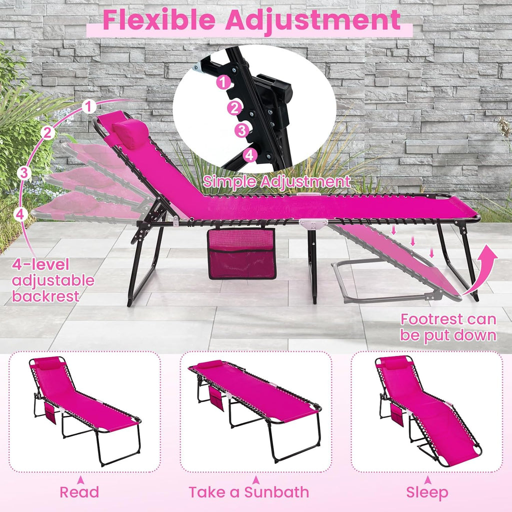 Goplus Folding Beach Lounge Chair w/Pillow for Patio Backyard Park Indoor and Outdoor, Adjustable 4-Level Backrest and 2-Level Footrest (Pink, 1 PCS Ordinary Size)