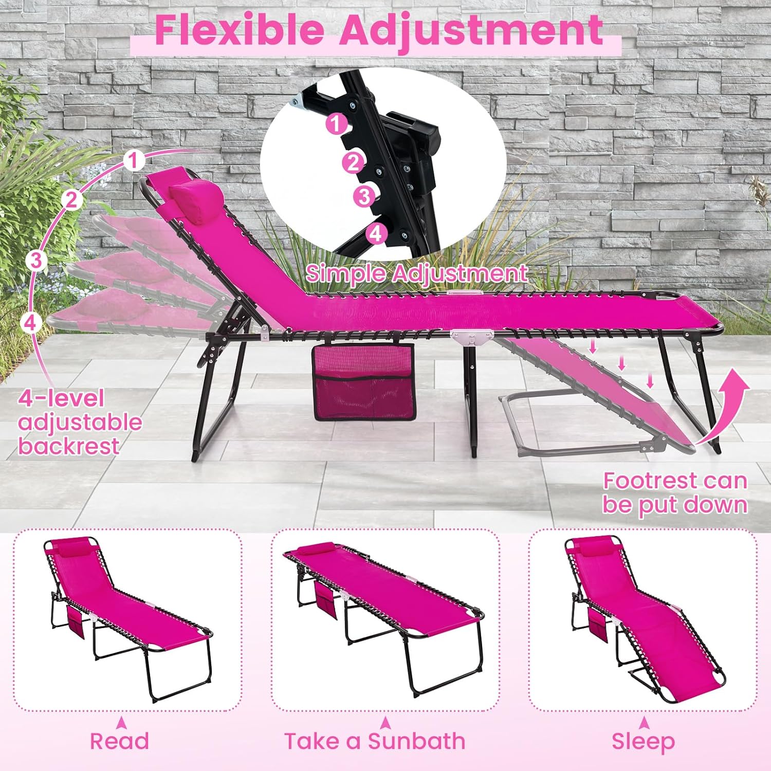 Goplus Folding Beach Lounge Chair w/Pillow for Patio Backyard Park Indoor and Outdoor, Adjustable 4-Level Backrest and 2-Level Footrest (Pink, 1 PCS Ordinary Size)
