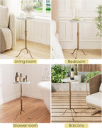 Brass Distressed Iron Round Pedestal End Table, 25 Inch Vintage Martini Cocktail Accent Table with Tray Top for Living Room, Bedroom (White Marble)