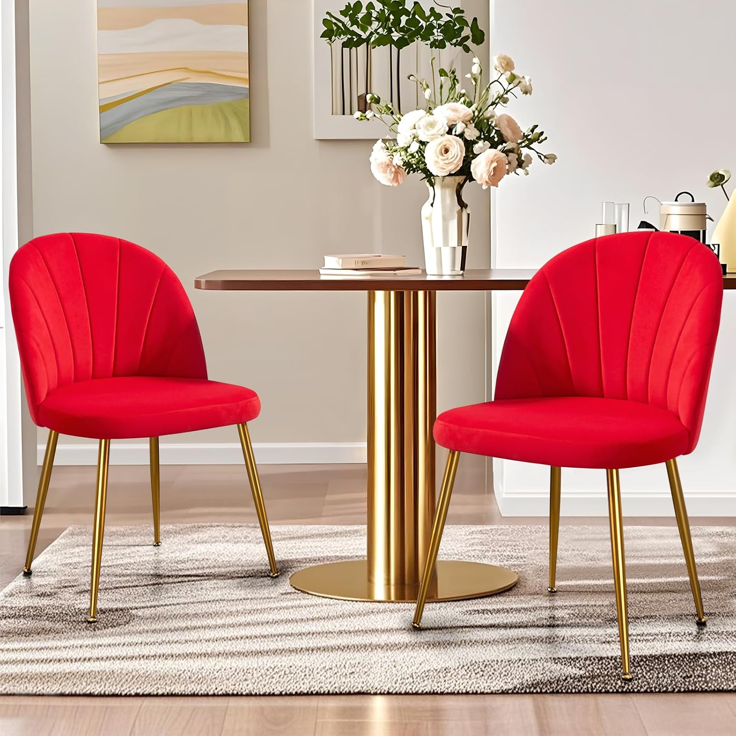 Velvet Dining Chairs Set of 4, Upholstered Mid Century Modern Dining Room Chairs, Armless Accent Chair with Metal Gold Legs for Living Room, Kitchen, Rose Red