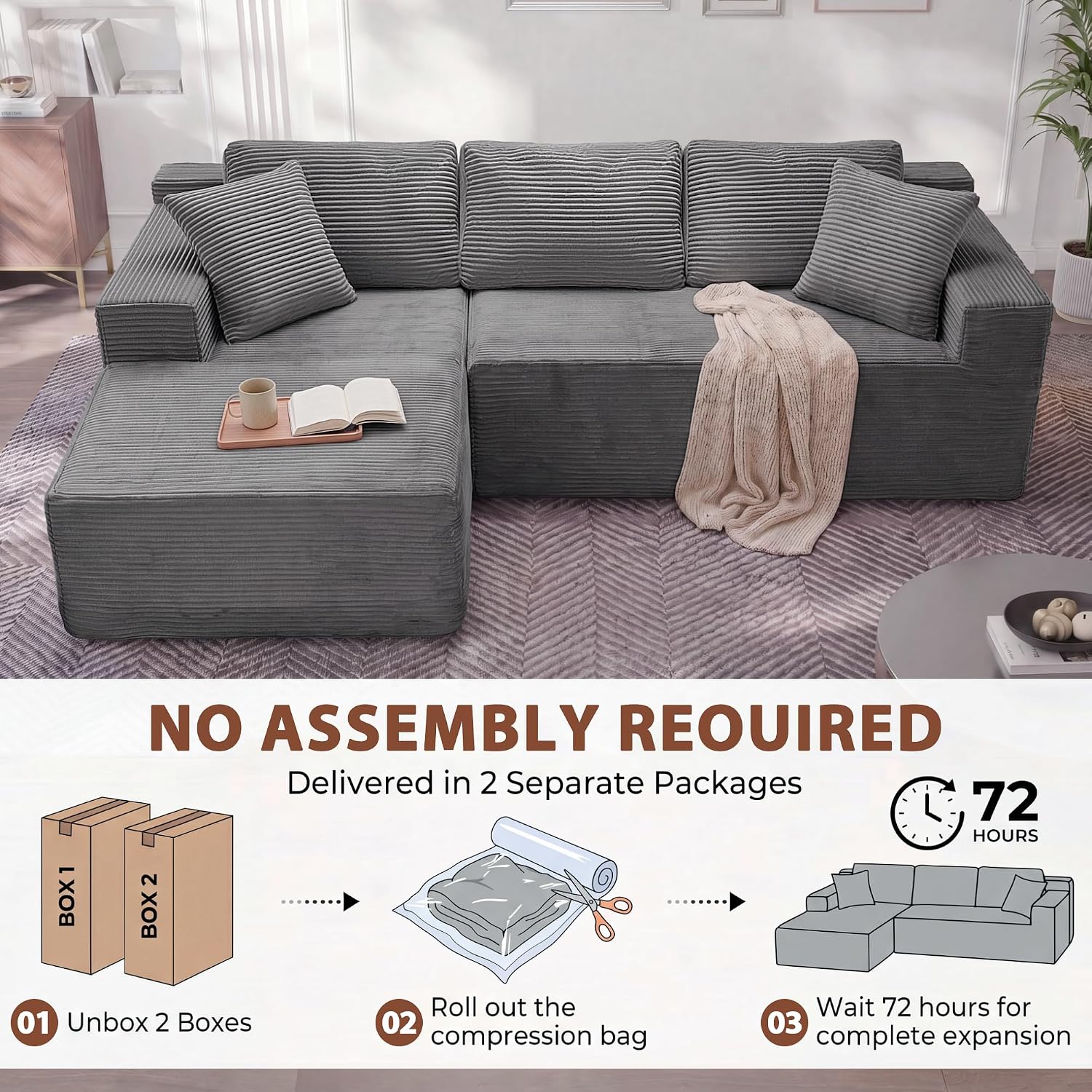Homall 108" Modular Sectional Sofa, Boneless Couch with L-Shape Chaise, Cloud Couch with Deep Seat Upholstered, No Assembly Required for Living Room, Bedroom (Corduroy, Grey)