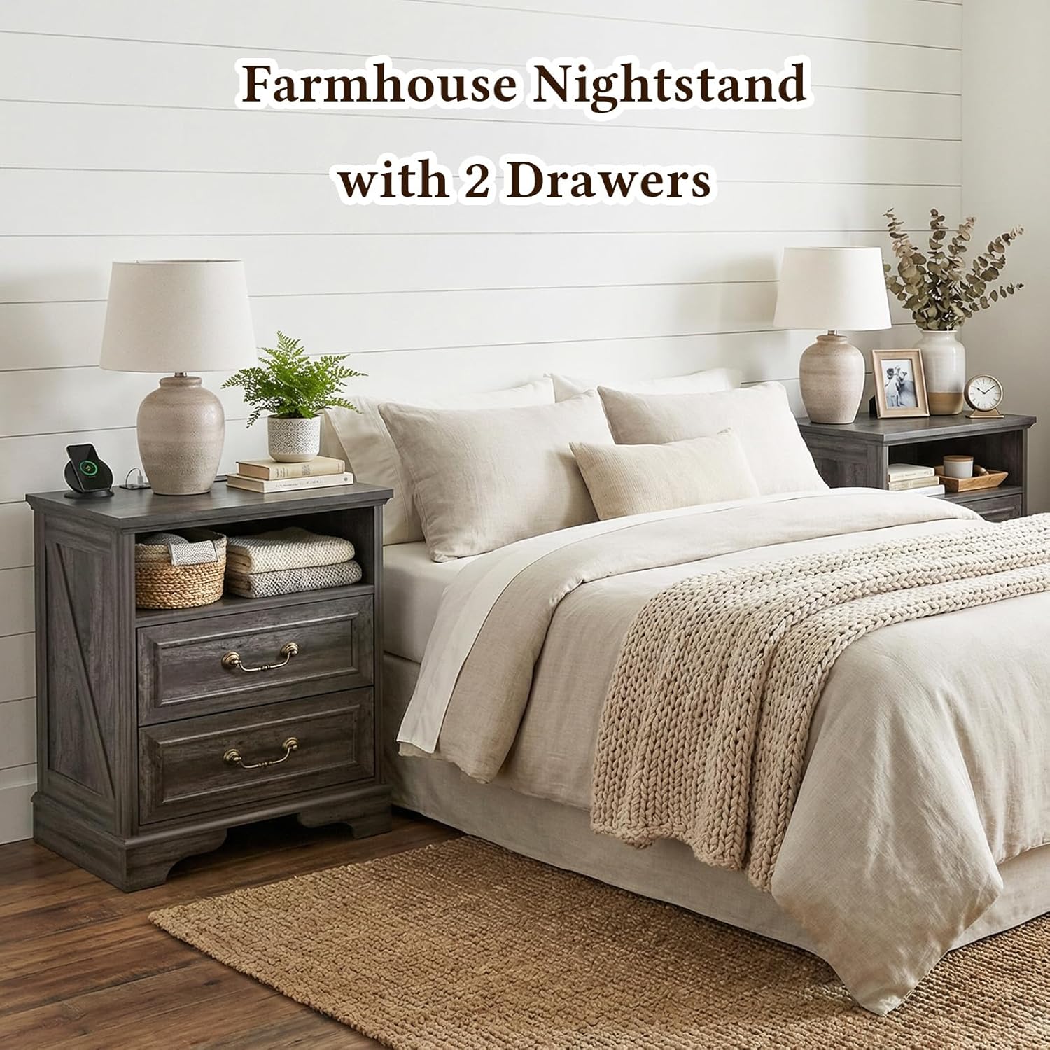 Farmhouse End Table Set of 2, Rustic Wood Nightstand with Charging Station, 2 Large Drawers & Open Storage, Bedside Table with USB-C Ports for Living Room Bedroom (Gray Oak)