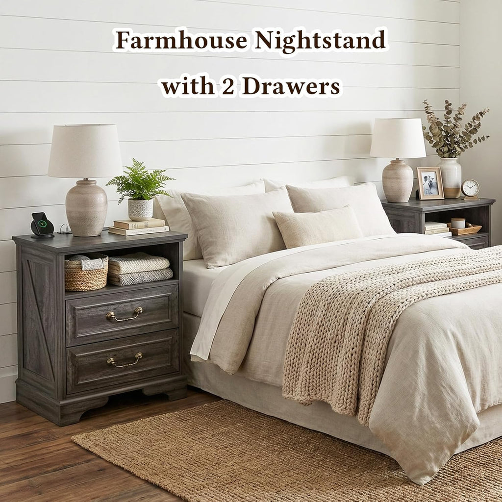 Farmhouse End Table with Charging Station, Rustic Wood Nightstand with 2 Large Drawers & Open Storage, Bedside Table with USB-C Ports for Living Room Bedroom (Gray Oak)