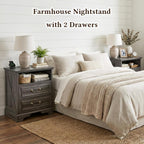Farmhouse End Table with Charging Station, Rustic Wood Nightstand with 2 Large Drawers & Open Storage, Bedside Table with USB-C Ports for Living Room Bedroom (Gray Oak)