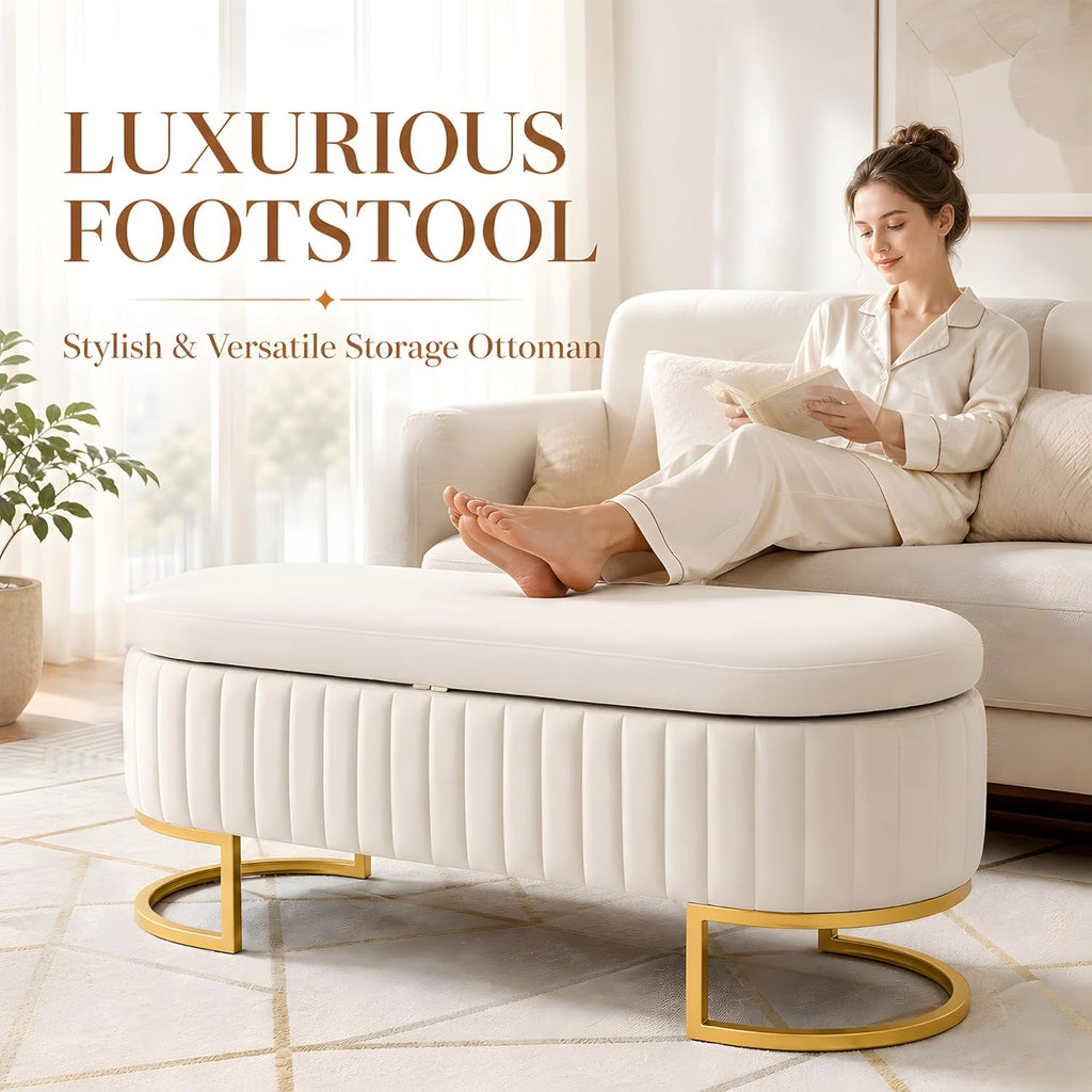 50.5" Velvet Storage Bench for Bedroom, Queen Size End of Bed Bench with Gold Legs, Modern Glam Channeled Tufted Ottoman Bench for Entryway, Living Room, Window Seat, Beige