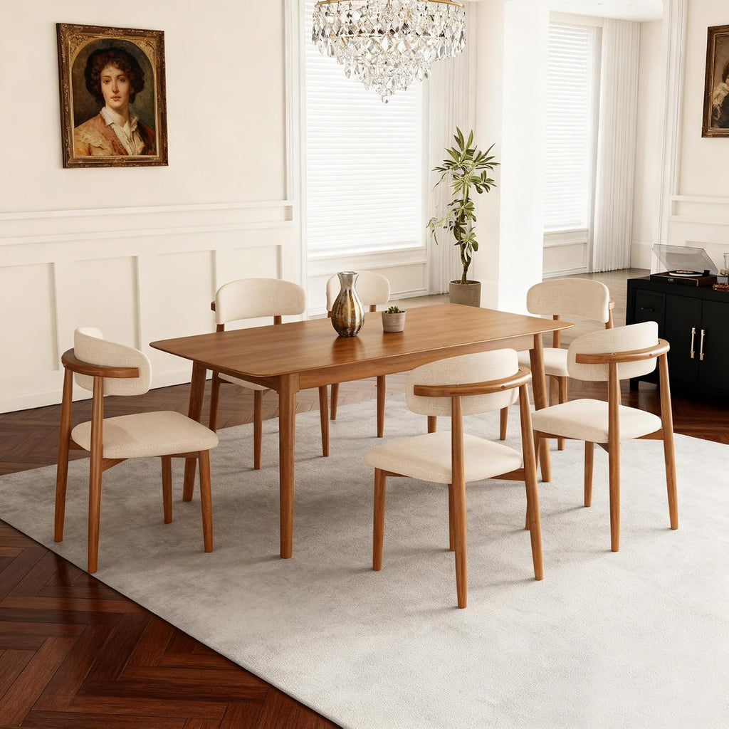 Dining Chairs Set of 6, Upholstered Wooden Dining Chairs, Mid Century Modern Fabric Kitchen Side Chairs with Ergonomic Curved Backrest, Farmhouse Chair for Kitchen Dining Room-Beige