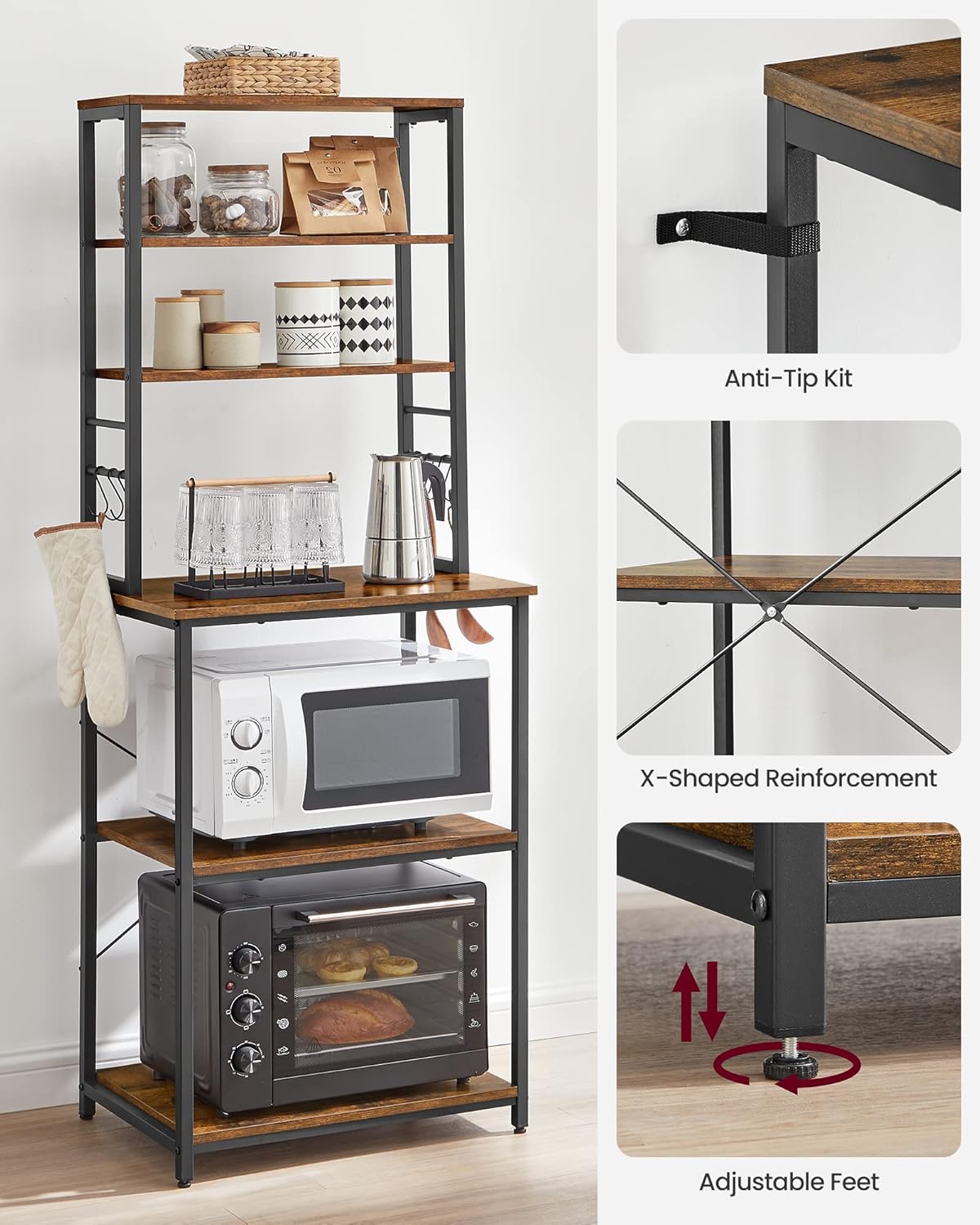VASAGLE Coffee Bar, 23.6 Inches Baker's Rack for Kitchen with Storage, 6-Tier Kitchen Shelves with 6 Hooks, Microwave Stand, Industrial, Rustic Brown and Ink Black UKKS024B01