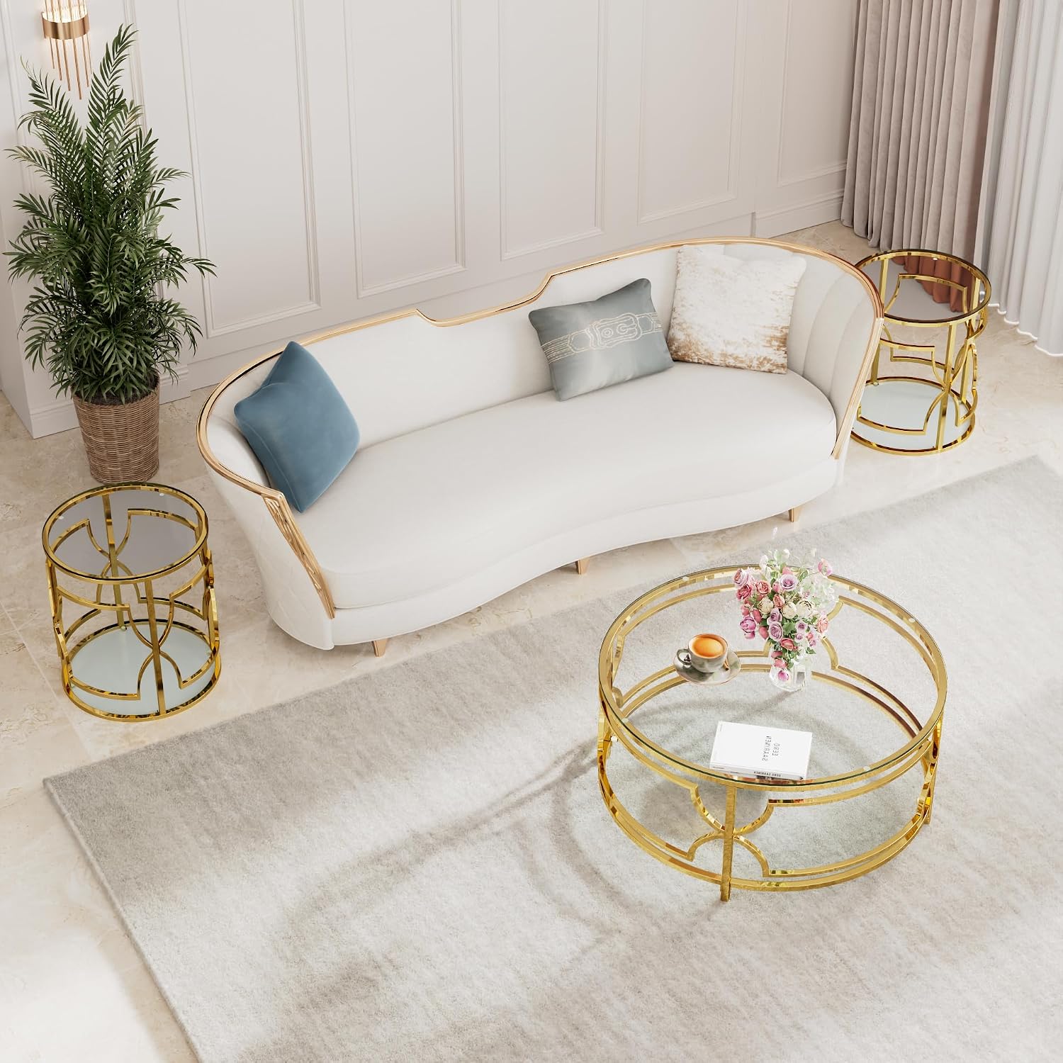 Polibi 19.7" Round Gold Metal End Table with Tempered Glass Top & 2-Tier Shelf, Luxury Side Table for Living Room, Bedroom, Small Apartment, Office (Transparent)